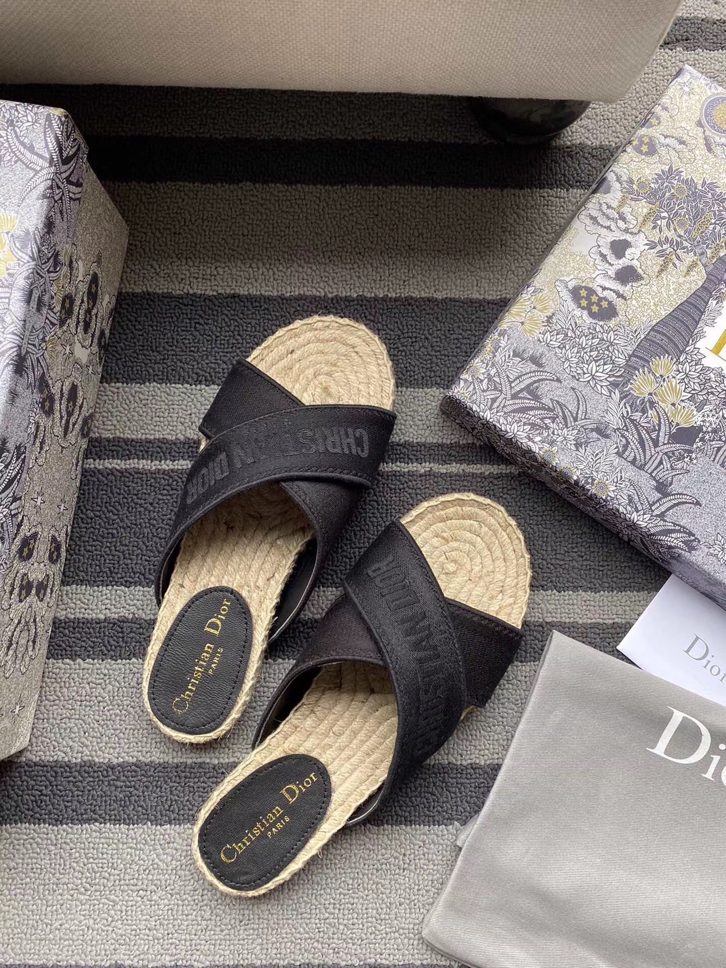 D*or granville espadrilles sandals in black embroidered cotton