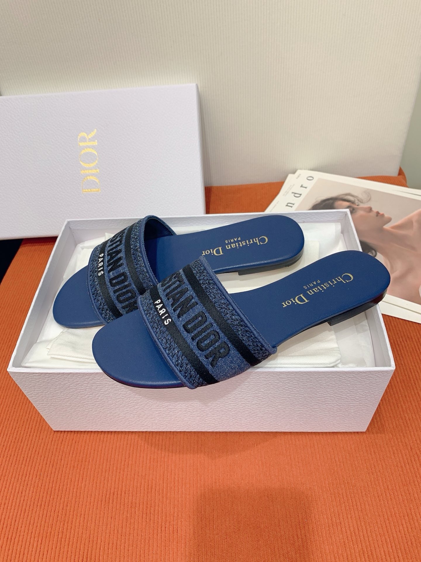 D*or dway slides in blue embroidered cotton denim