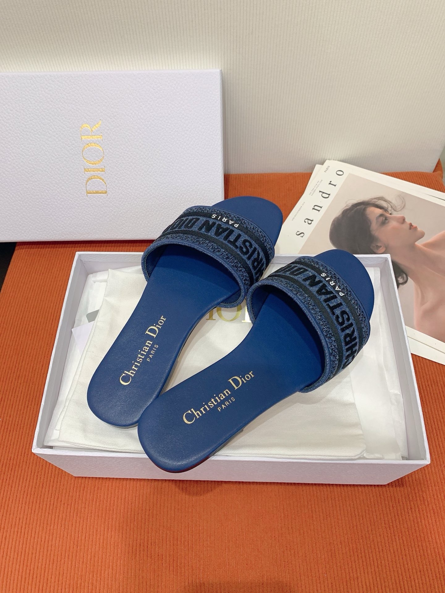 D*or dway slides in blue embroidered cotton denim