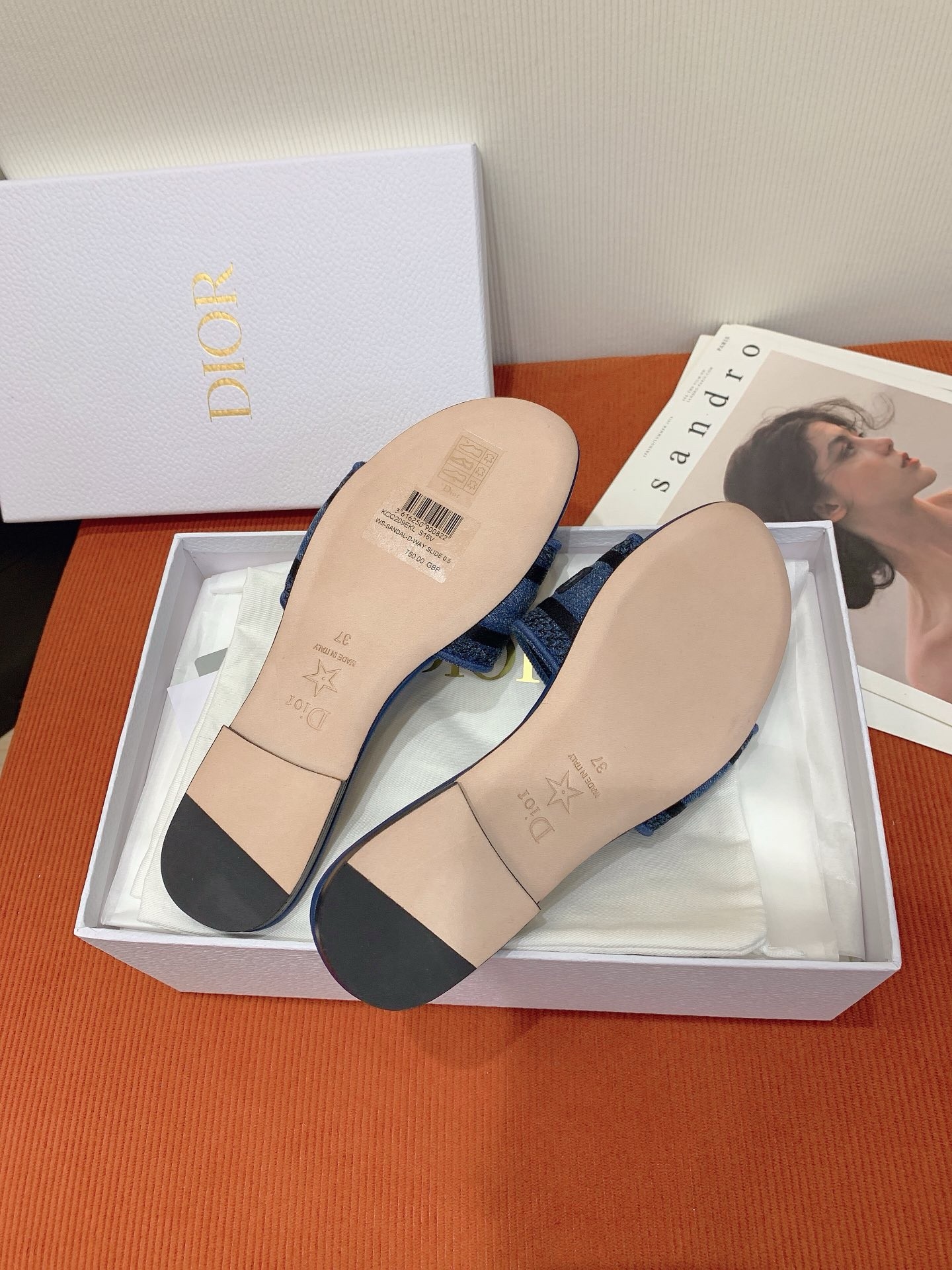 D*or dway slides in blue embroidered cotton denim