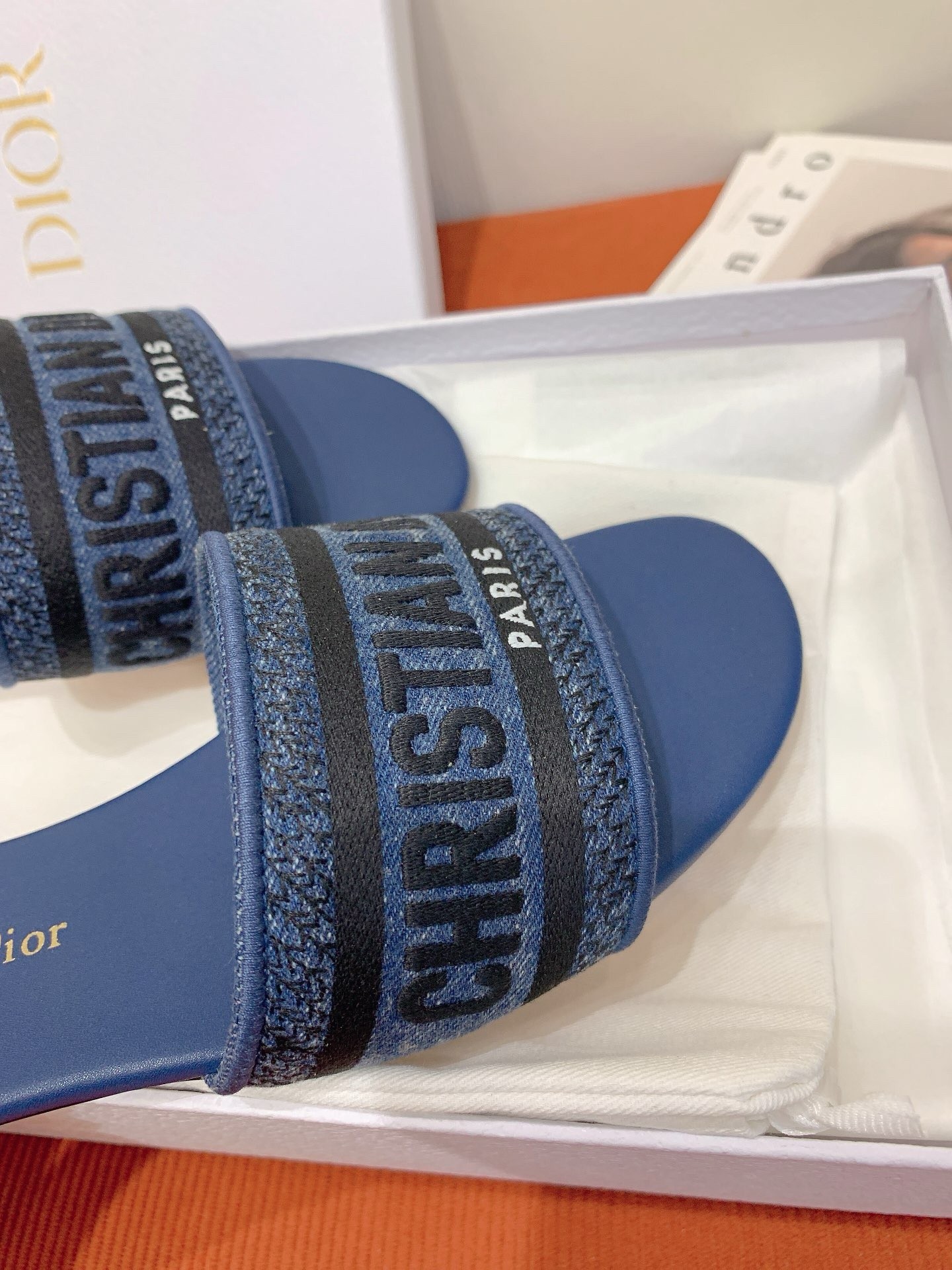 D*or dway slides in blue embroidered cotton denim
