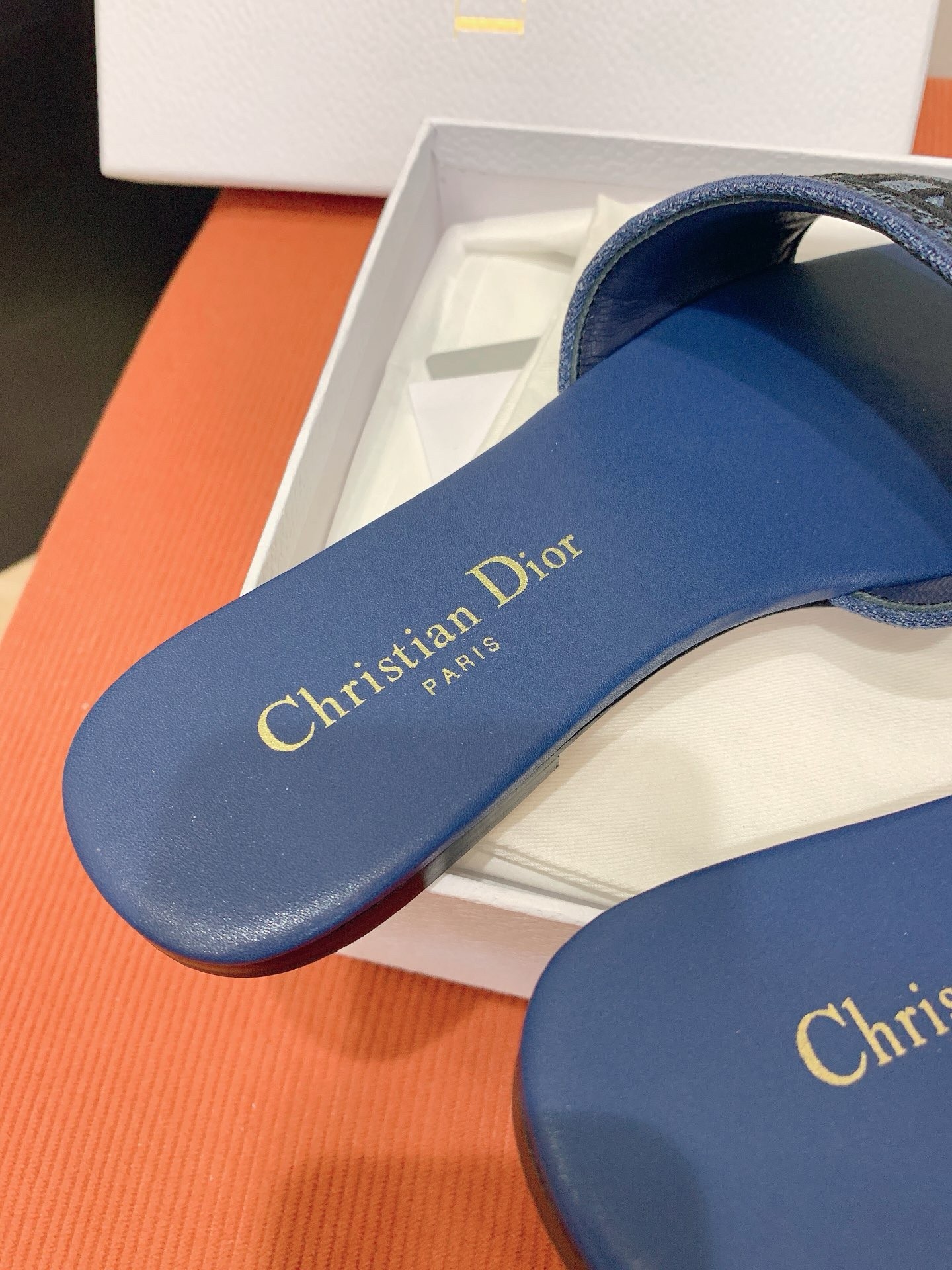 D*or dway slides in blue embroidered cotton denim