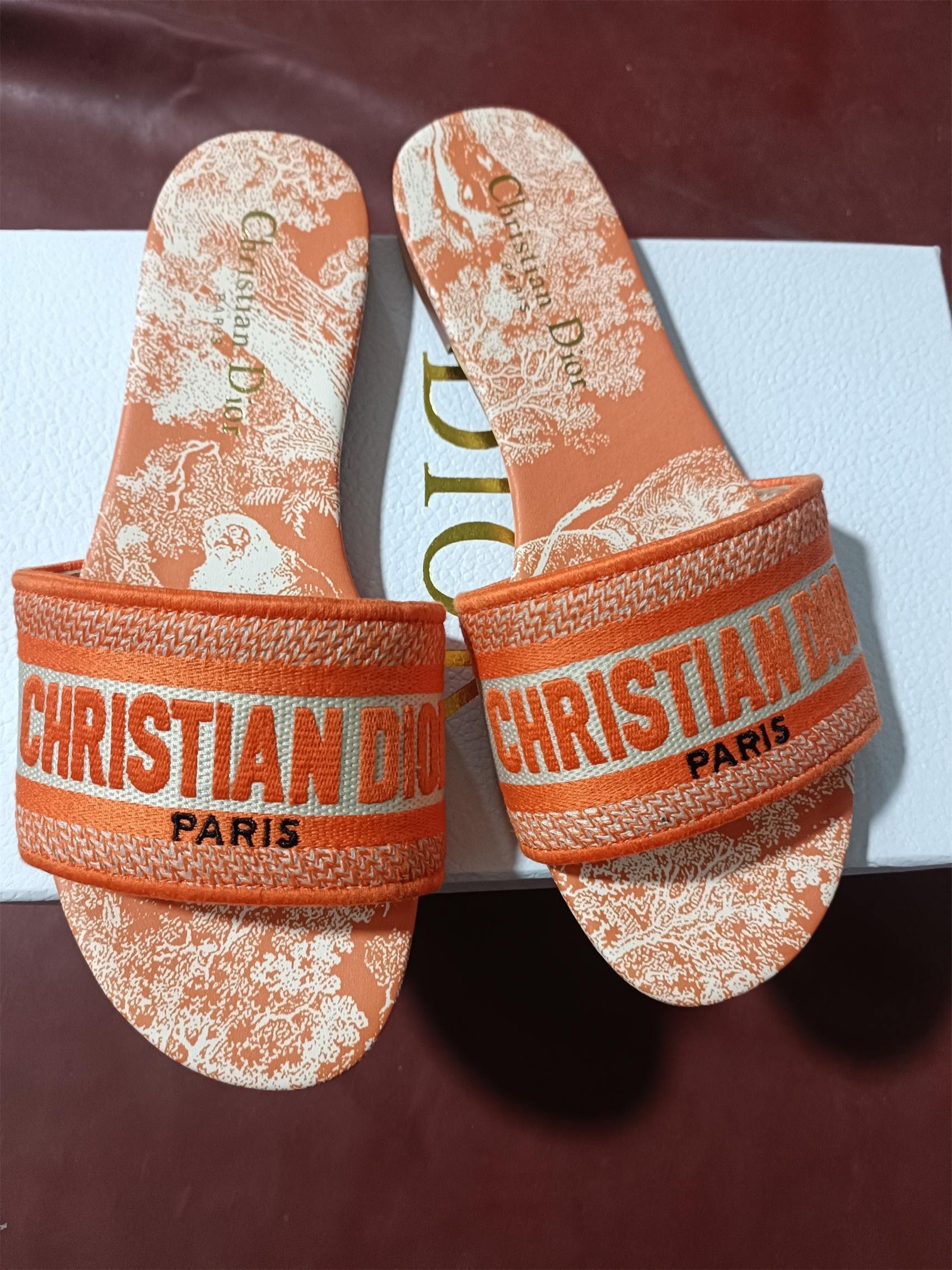 D*or dway slides in bright orange toile de jouy embroidered