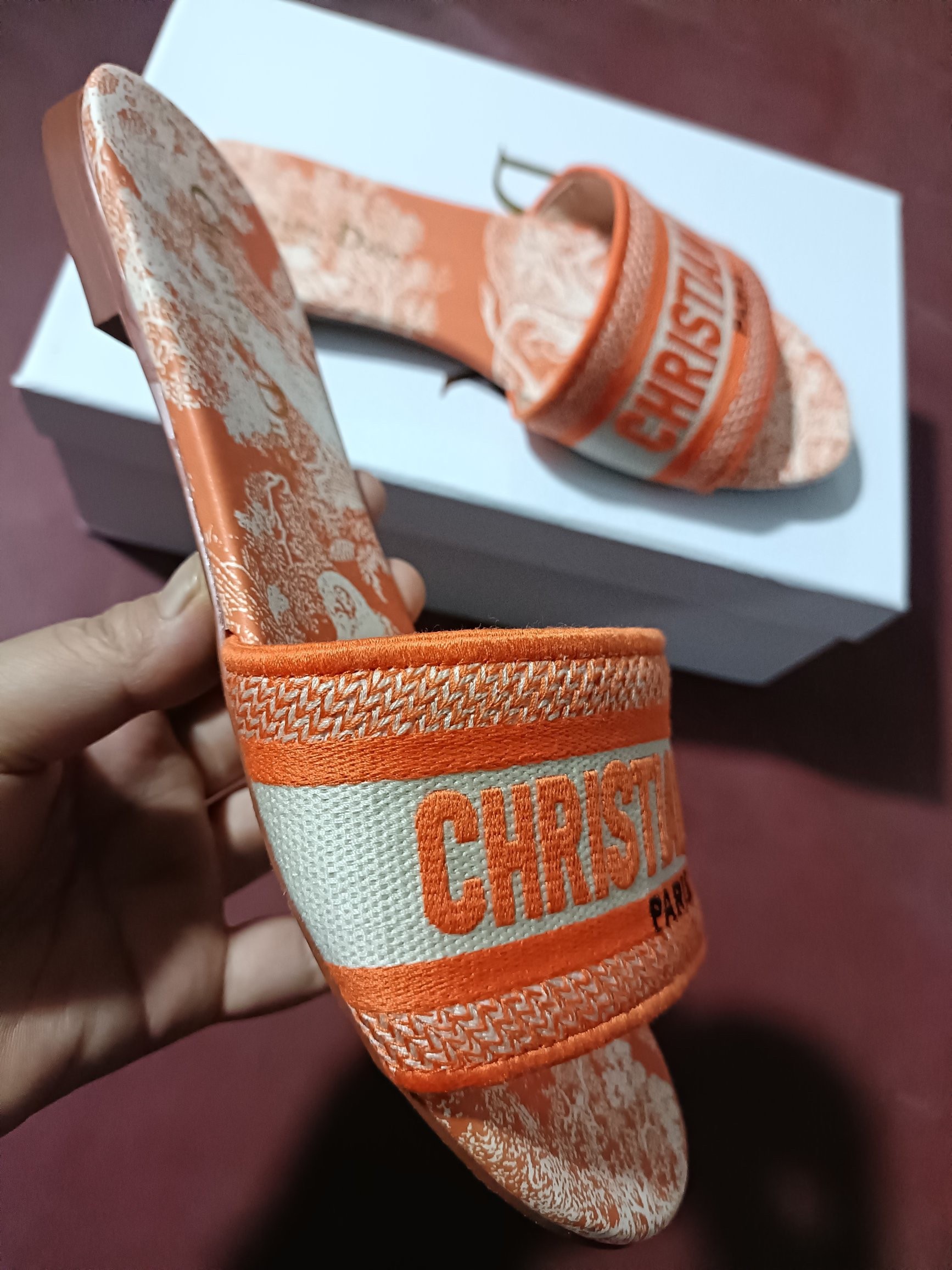 D*or dway slides in bright orange toile de jouy embroidered