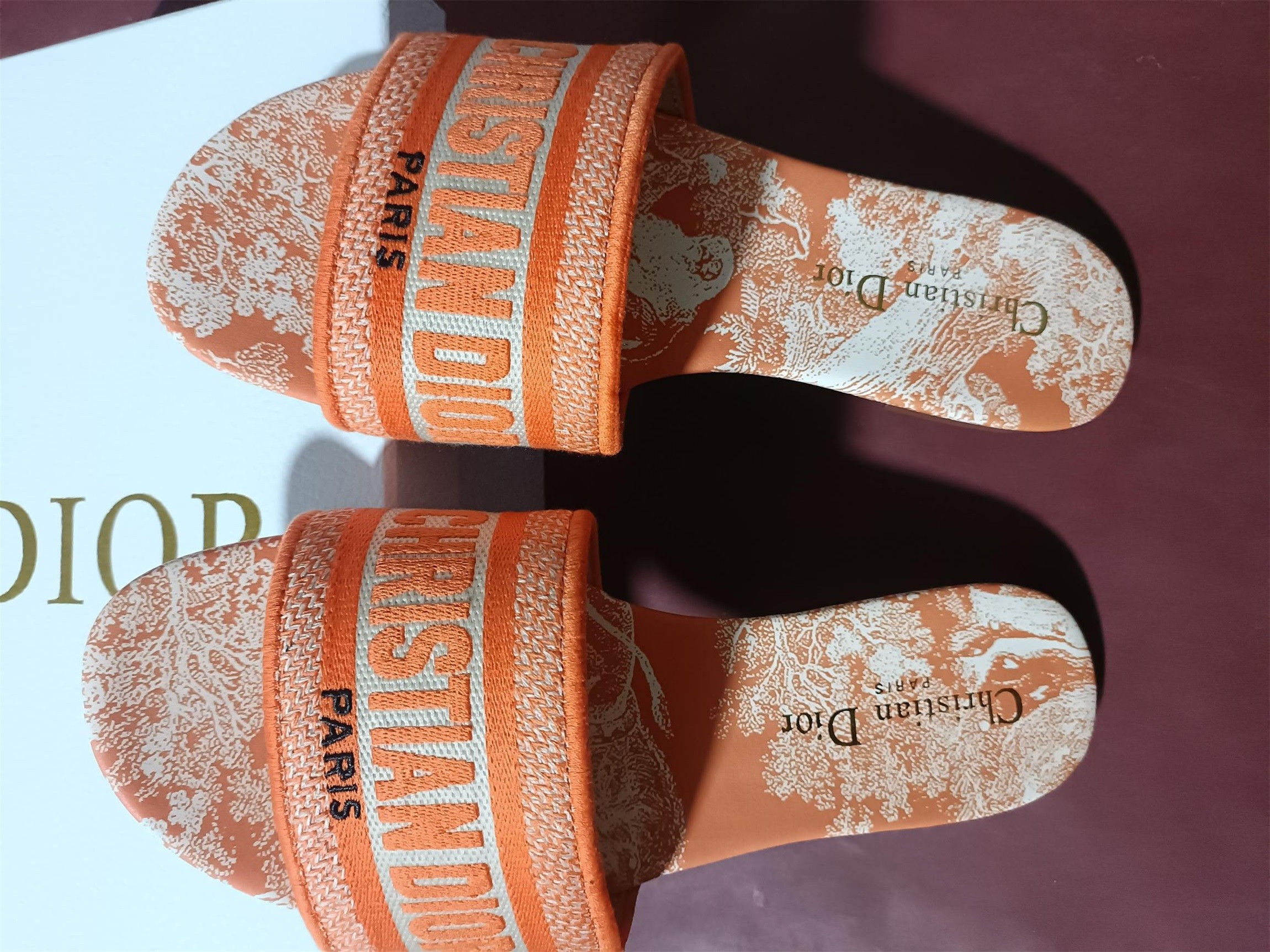 D*or dway slides in bright orange toile de jouy embroidered