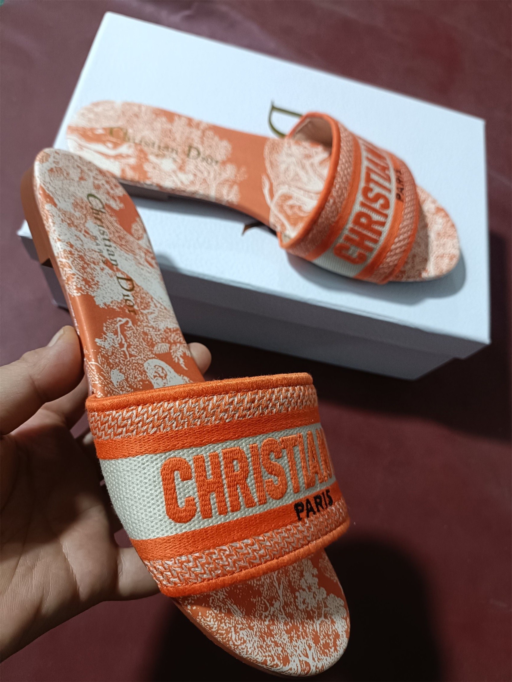 D*or dway slides in bright orange toile de jouy embroidered