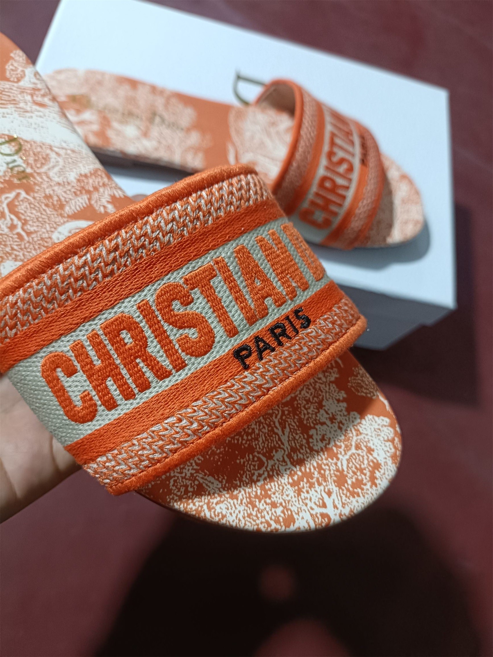 D*or dway slides in bright orange toile de jouy embroidered