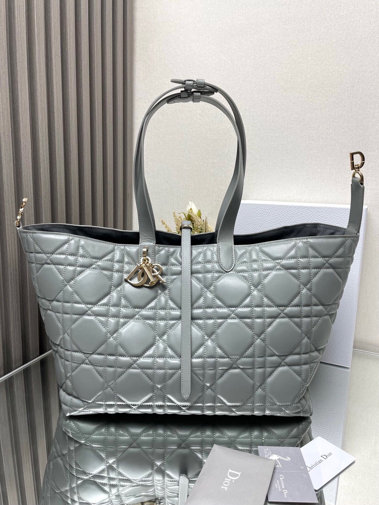 D*or toujours large bag in grey macrocannage calfskin