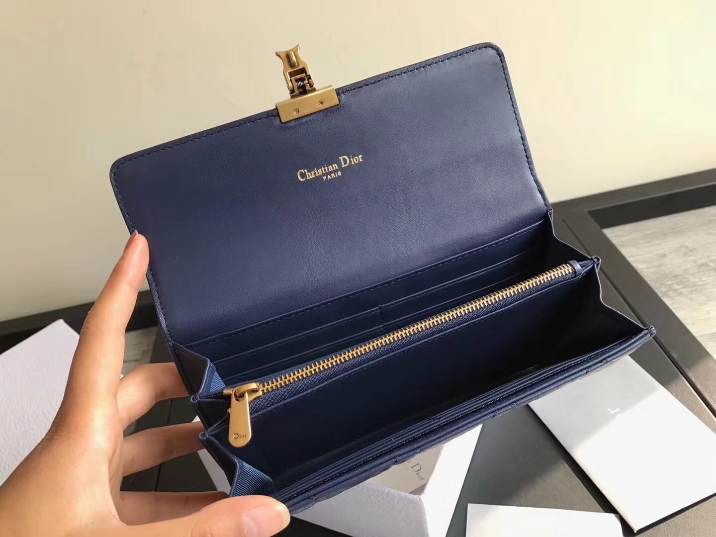 D*or D*oraddict continental wallet in navy blue lambskin