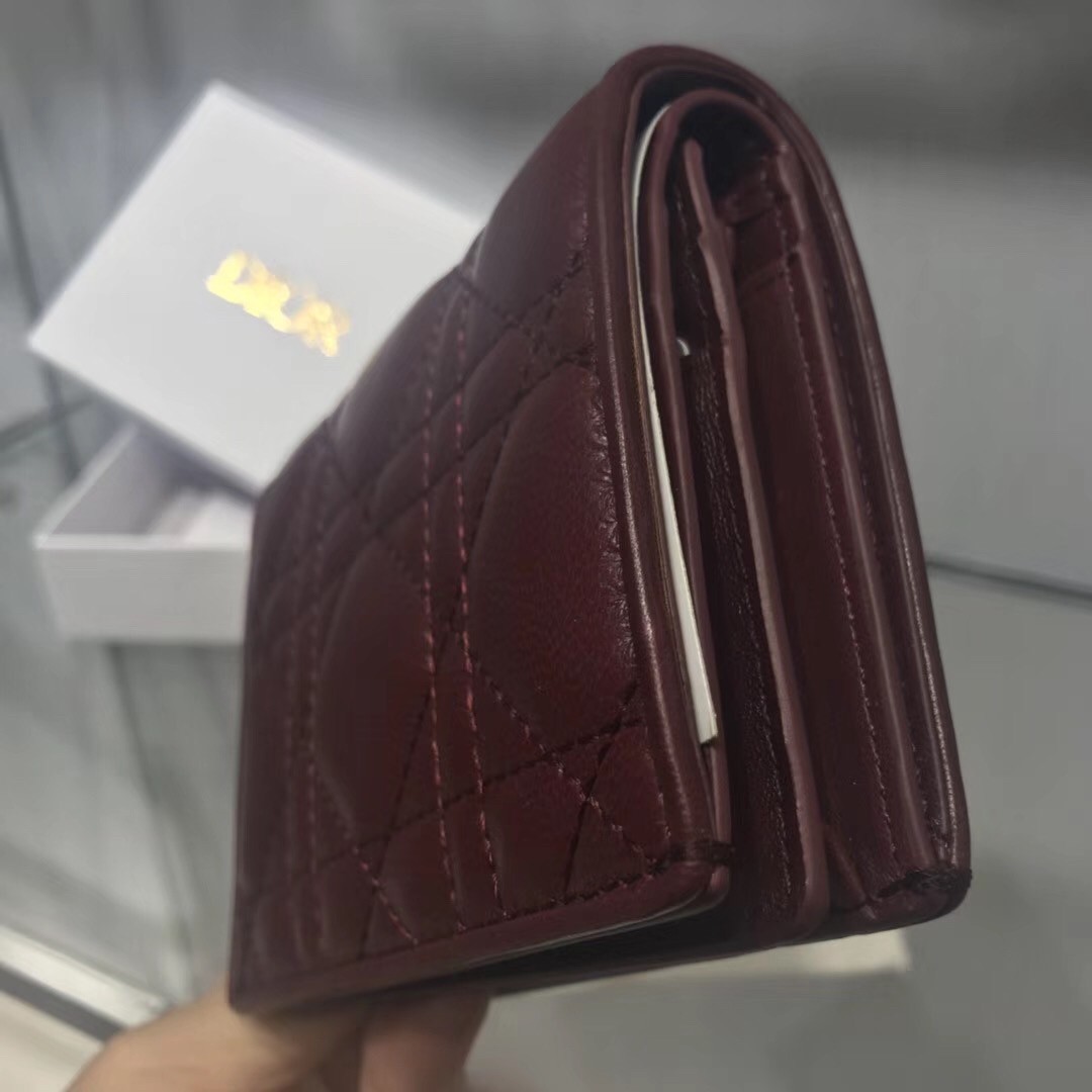 D*or mini lady D*or wallet in bordeaux lambskin