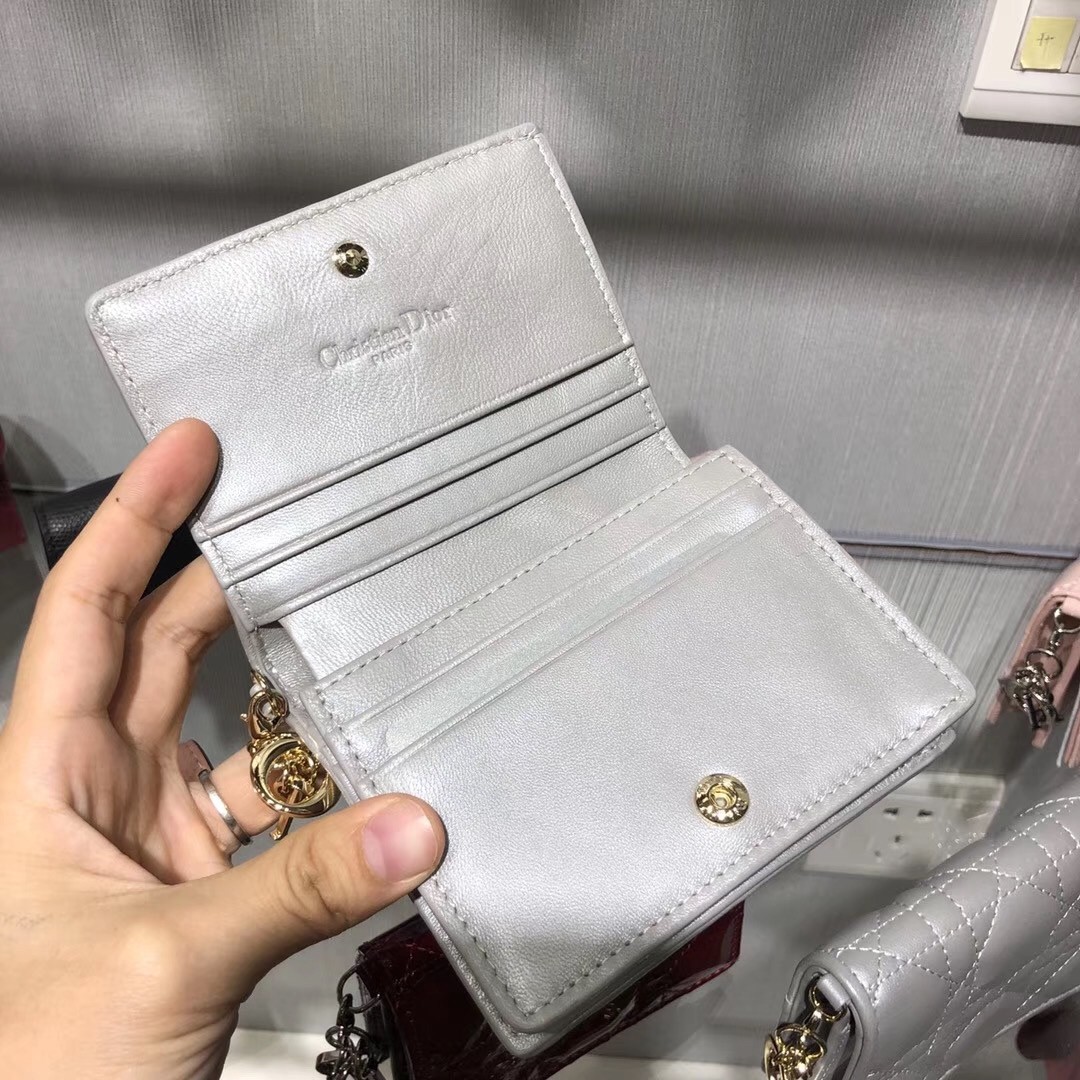 D*or mini lady D*or wallet in opal grey pearly lambskin