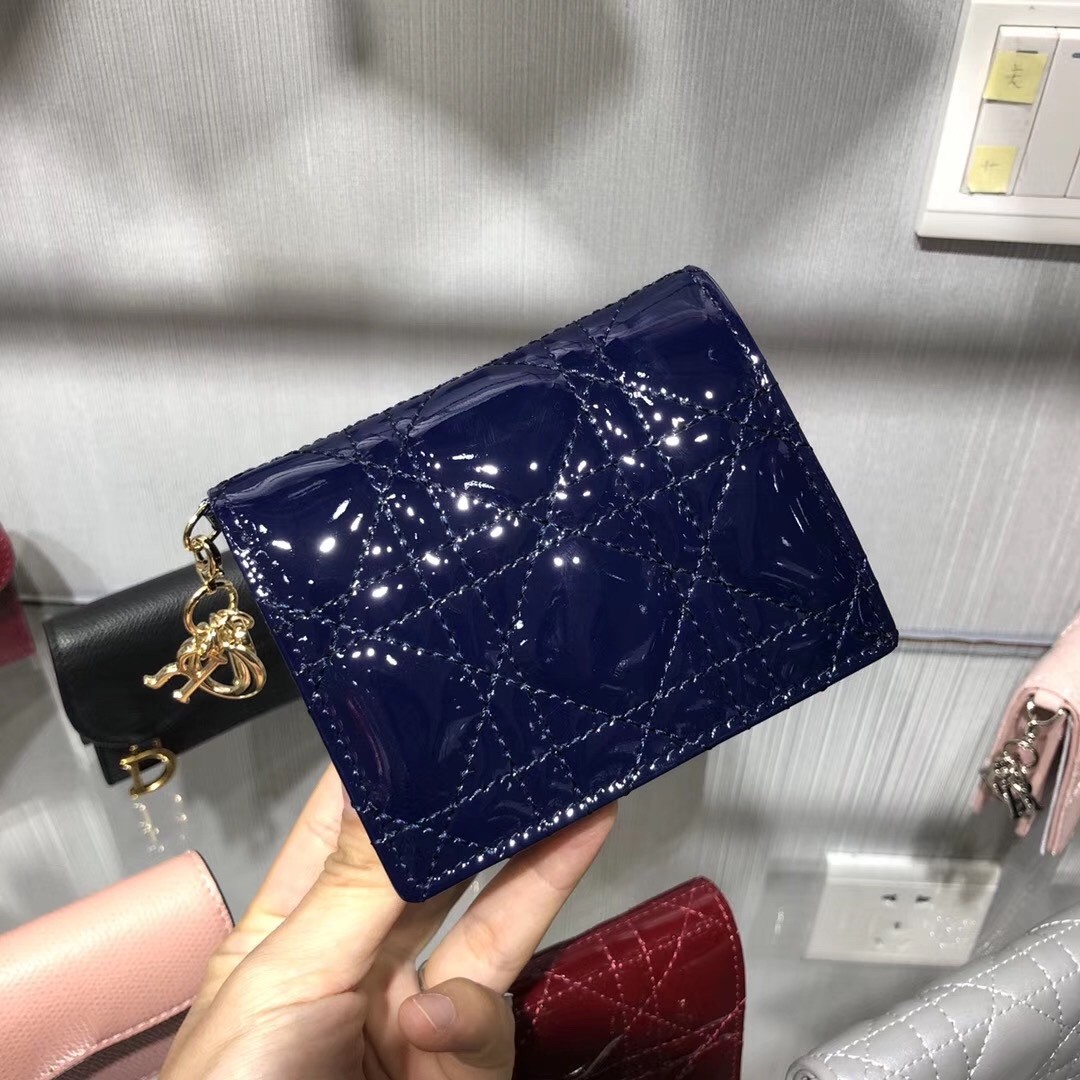 D*or mini lady D*or wallet in indigo blue patent leather