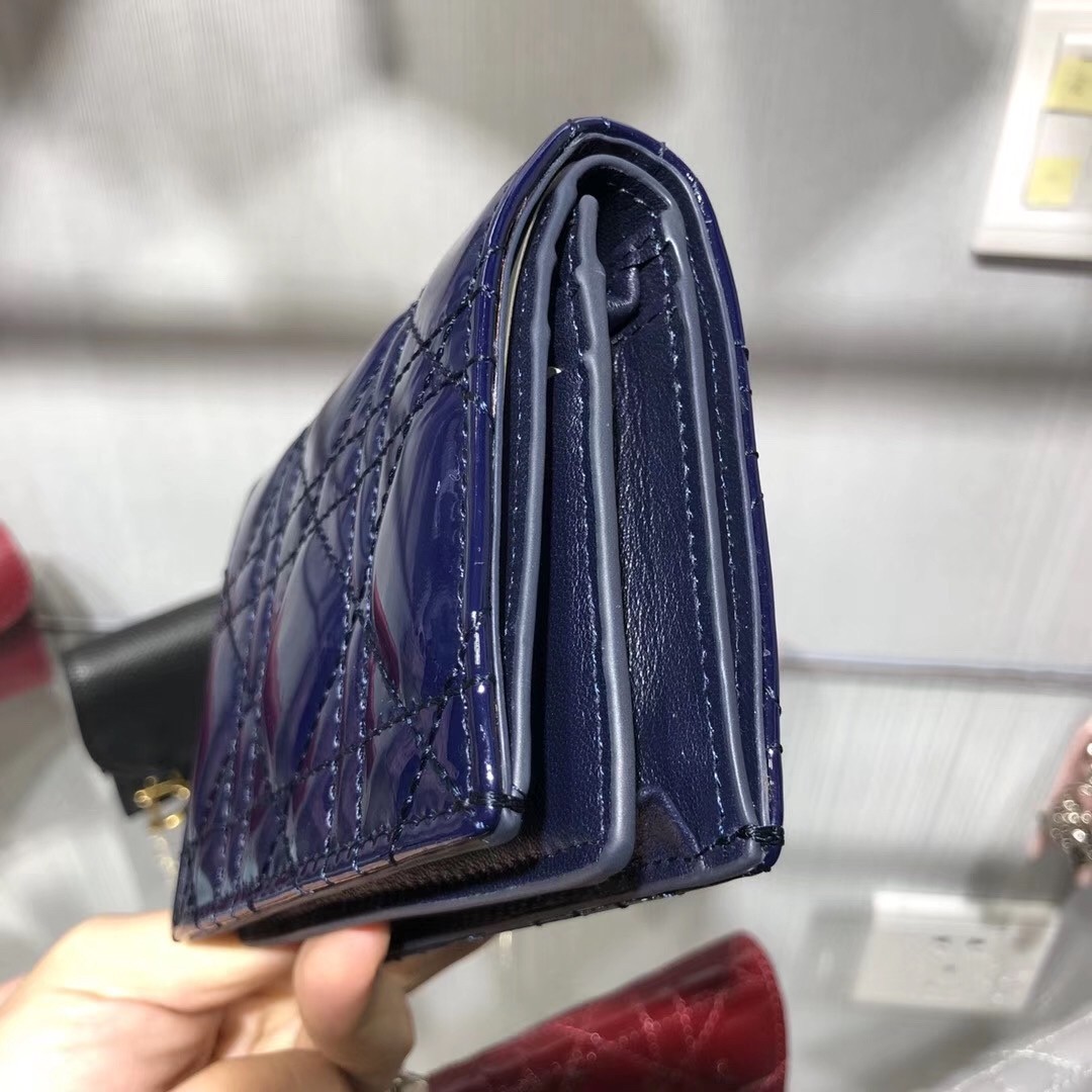 D*or mini lady D*or wallet in indigo blue patent leather