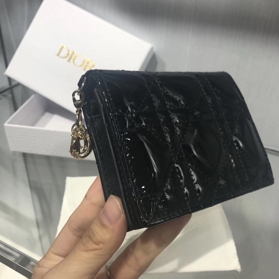 D*or mini lady D*or wallet in black patent leather