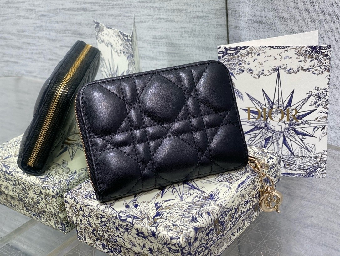 D*or lady D*or voyageur small coin purse in black lambskin
