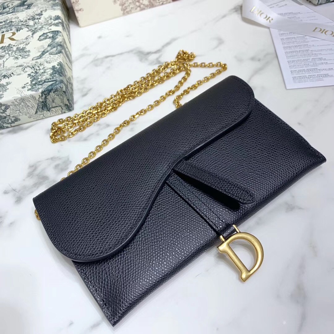 D*or saddle chain wallet in black grained leather