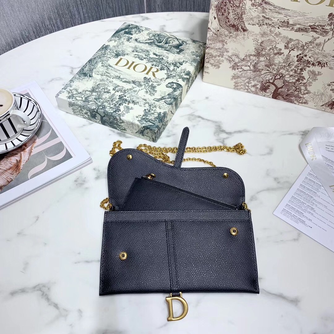 D*or saddle chain wallet in black grained leather