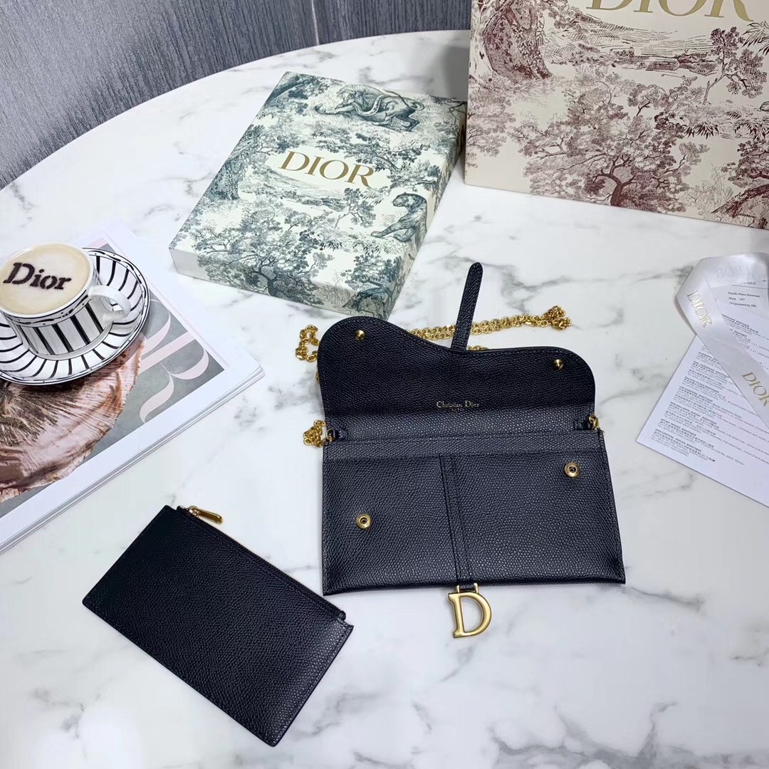 D*or saddle chain wallet in black grained leather