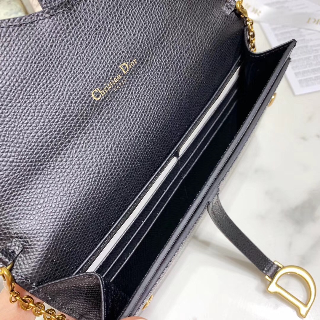 D*or saddle chain wallet in black grained leather