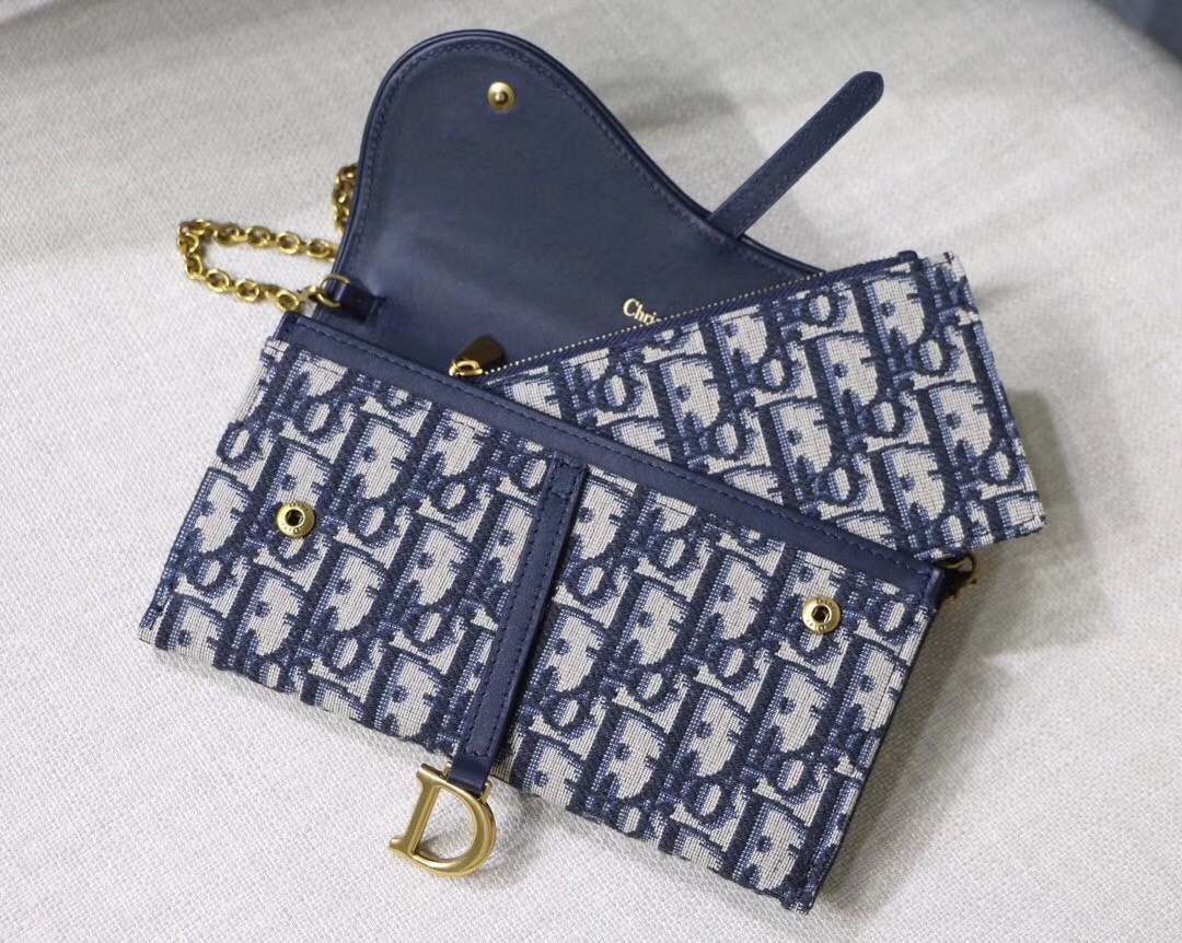 D*or saddle chain wallet in blue oblique canvas