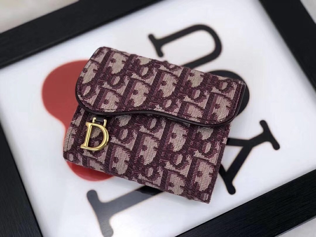 D*or mini saddle tri-fold wallet in bordeaux oblique canvas