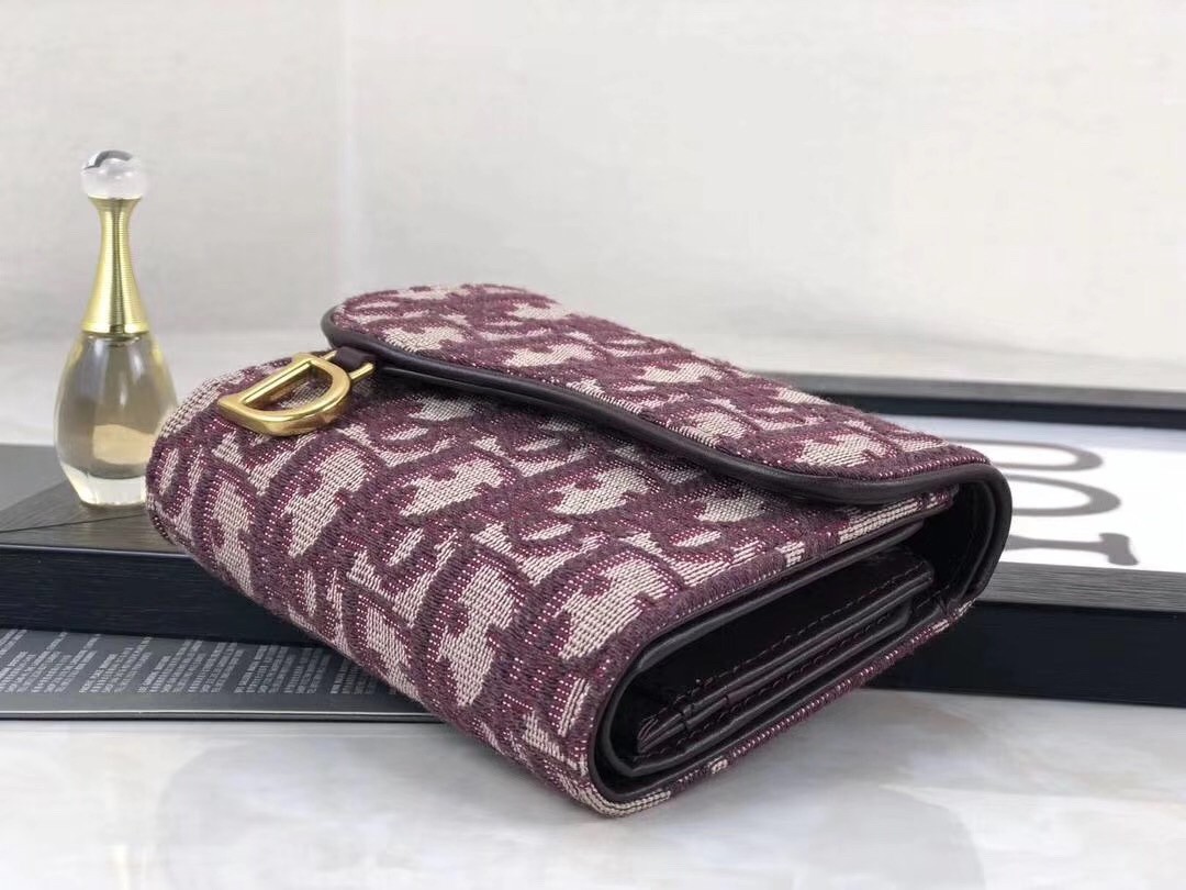 D*or mini saddle tri-fold wallet in bordeaux oblique canvas