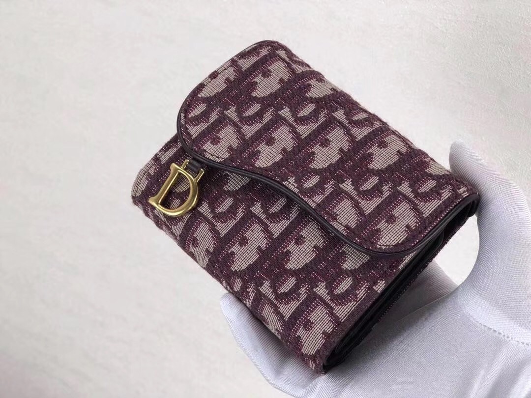 D*or mini saddle tri-fold wallet in bordeaux oblique canvas