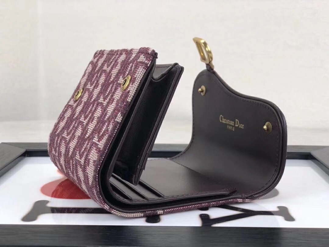 D*or mini saddle tri-fold wallet in bordeaux oblique canvas