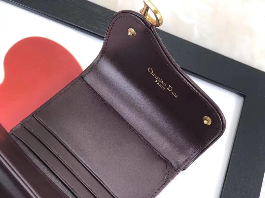 D*or mini saddle tri-fold wallet in bordeaux oblique canvas