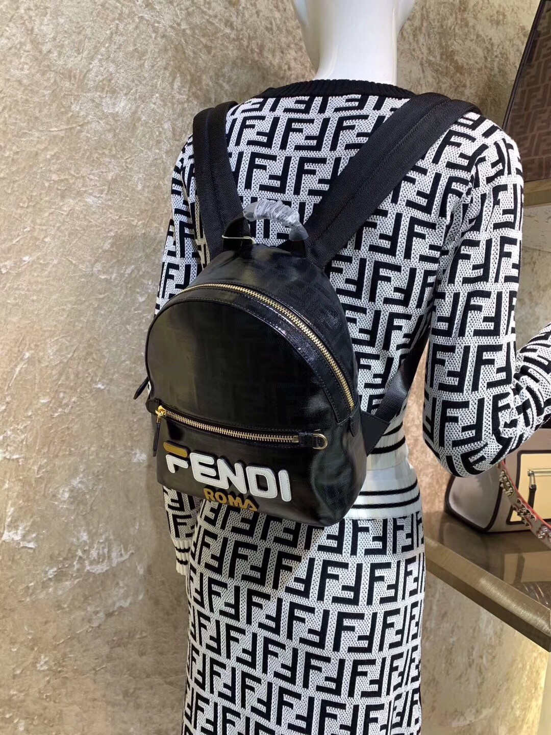 F**di black glazed fabric mini backpack