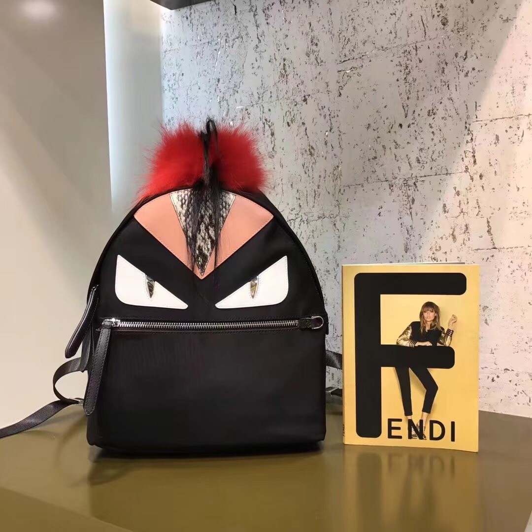 F**di black bag bugs eyes fox fur backpack
