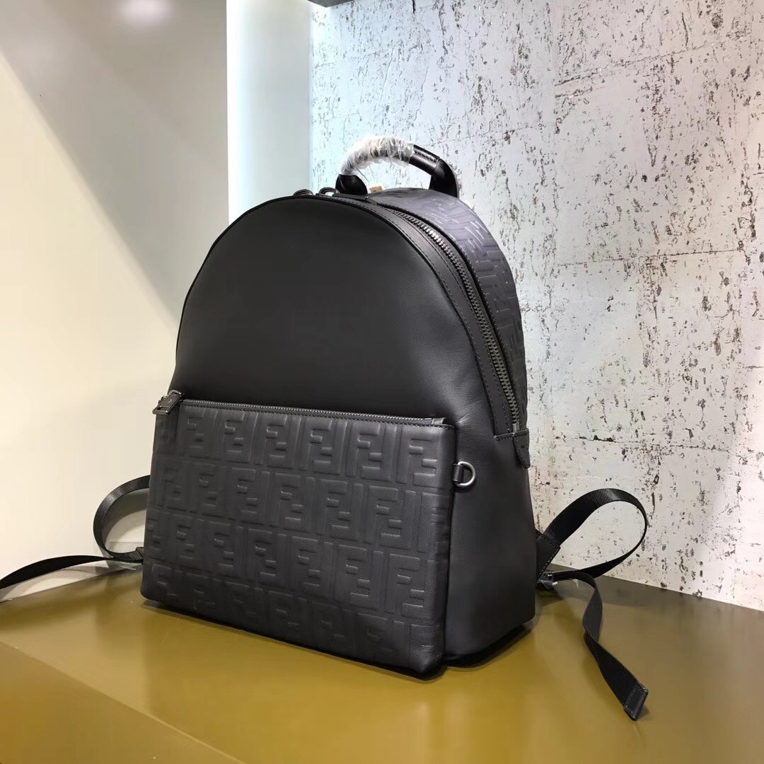 F**di black large logo-embossed leather backpack