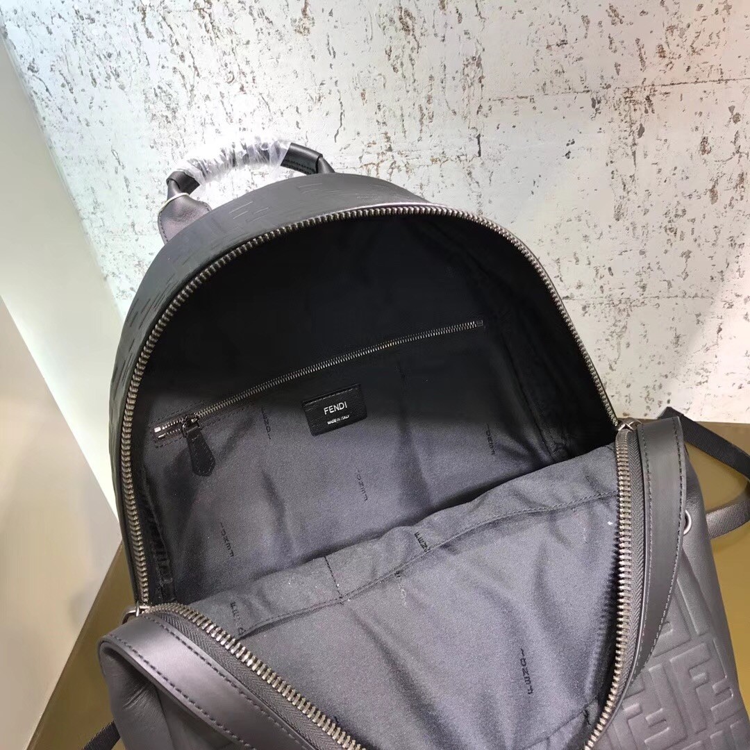 F**di black large logo-embossed leather backpack