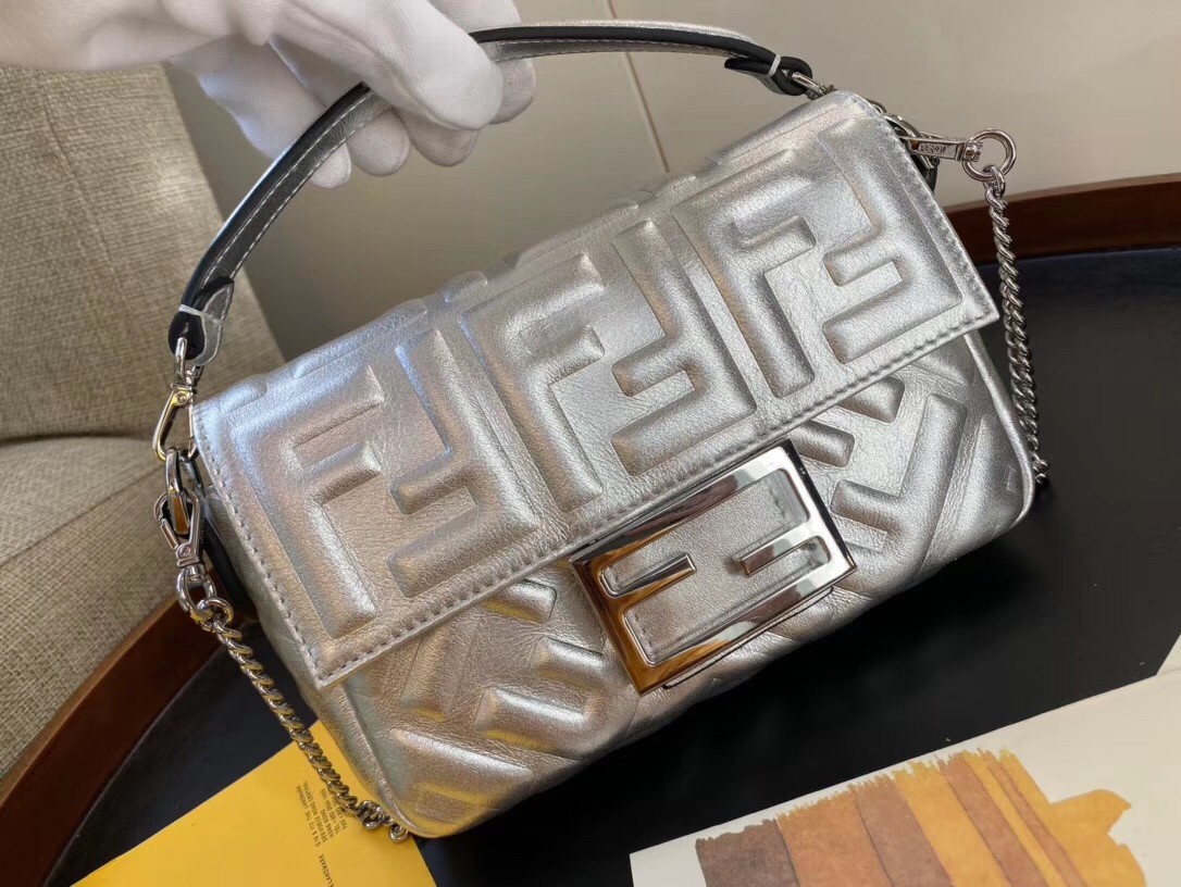 F**di baguette mini bag in silver lambskin with ff motif