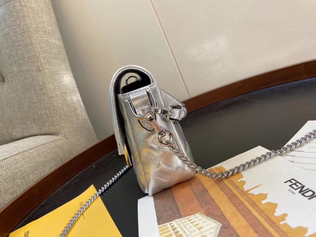 F**di baguette mini bag in silver lambskin with ff motif