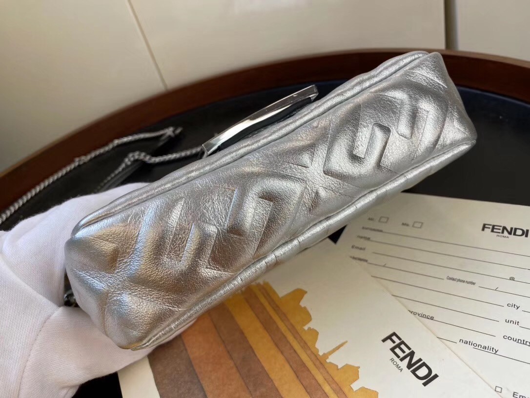 F**di baguette mini bag in silver lambskin with ff motif