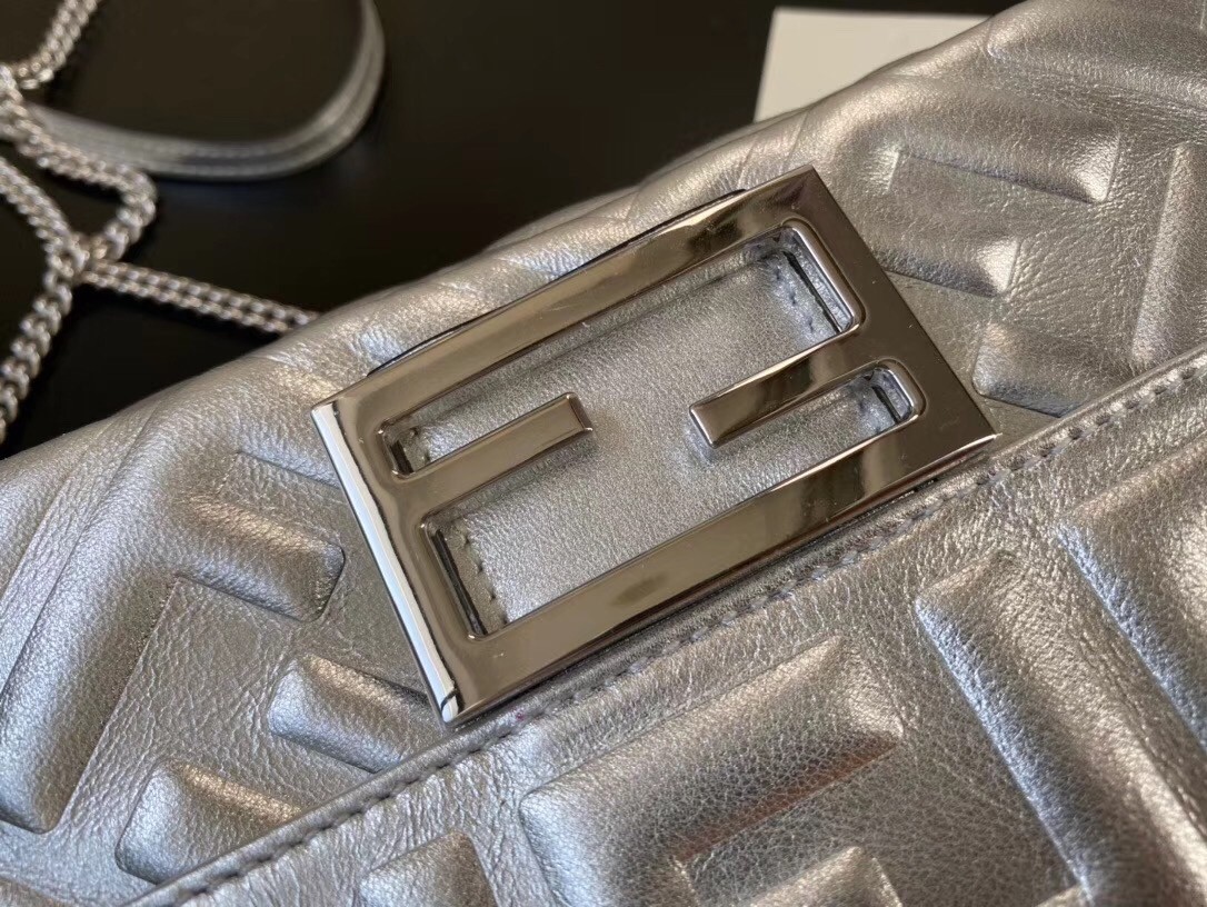 F**di baguette mini bag in silver lambskin with ff motif
