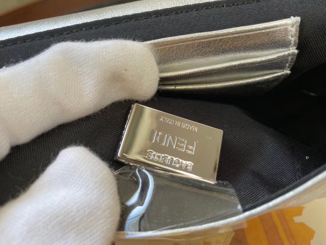 F**di baguette mini bag in silver lambskin with ff motif