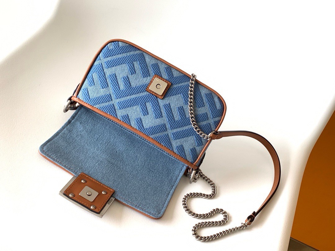 F**di baguette mini bag in denim with ff embroidery