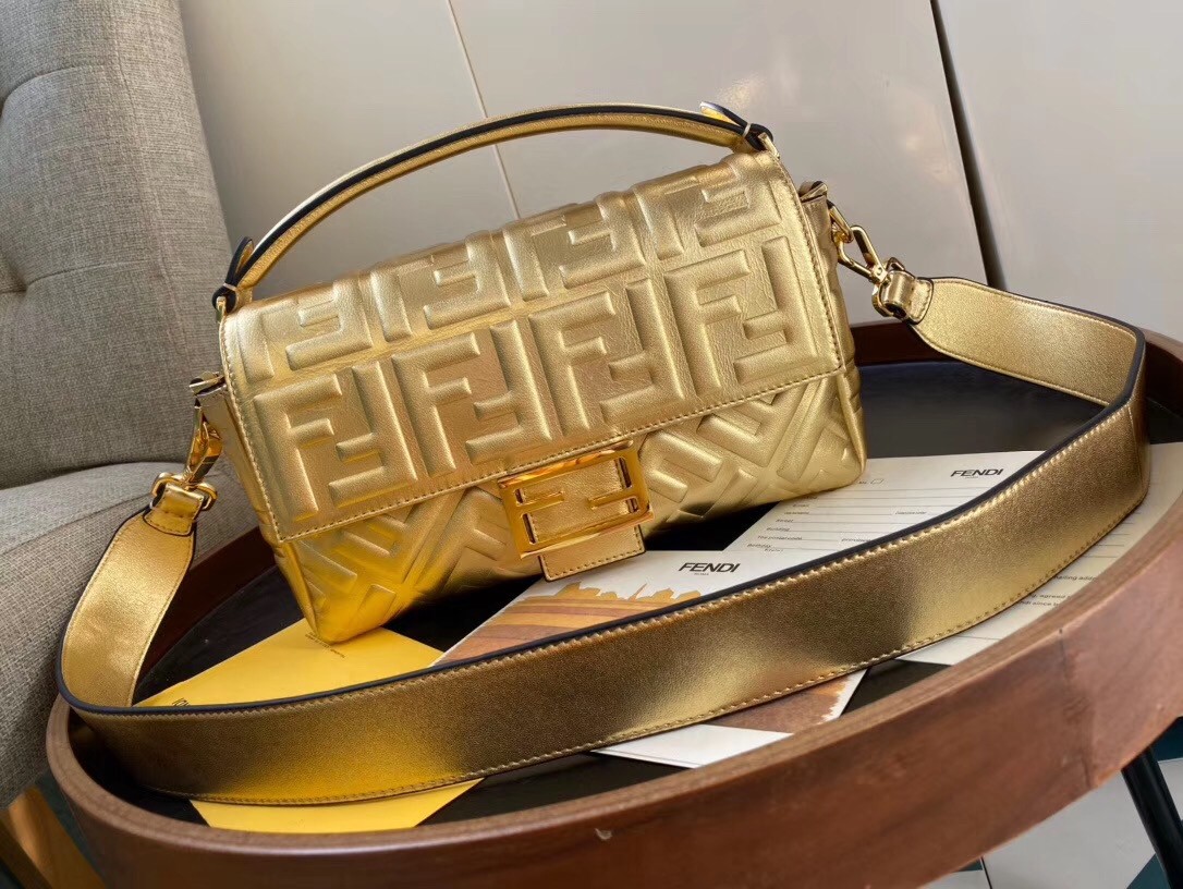F**di baguette medium bag in gold lambskin with ff motif