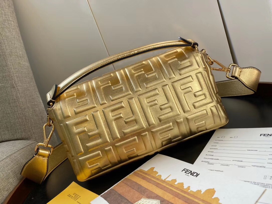 F**di baguette medium bag in gold lambskin with ff motif