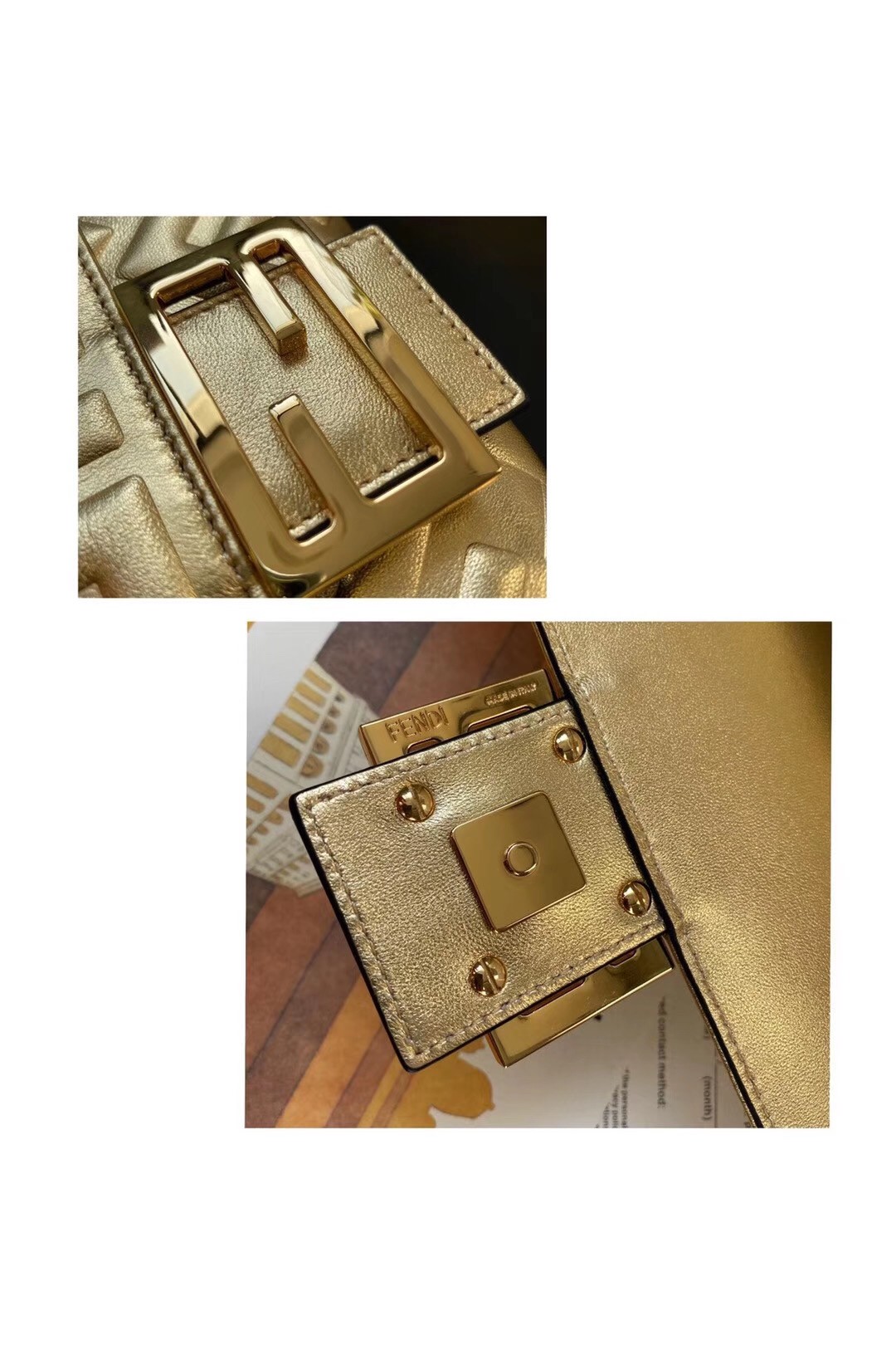 F**di baguette medium bag in gold lambskin with ff motif