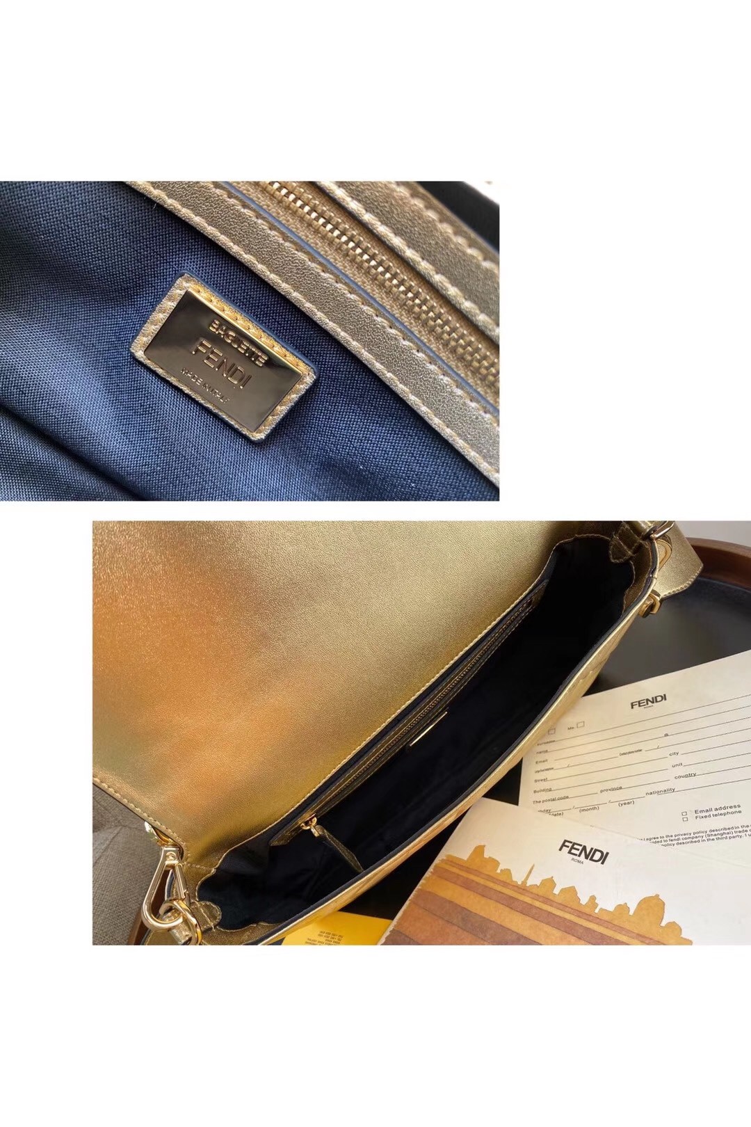 F**di baguette medium bag in gold lambskin with ff motif