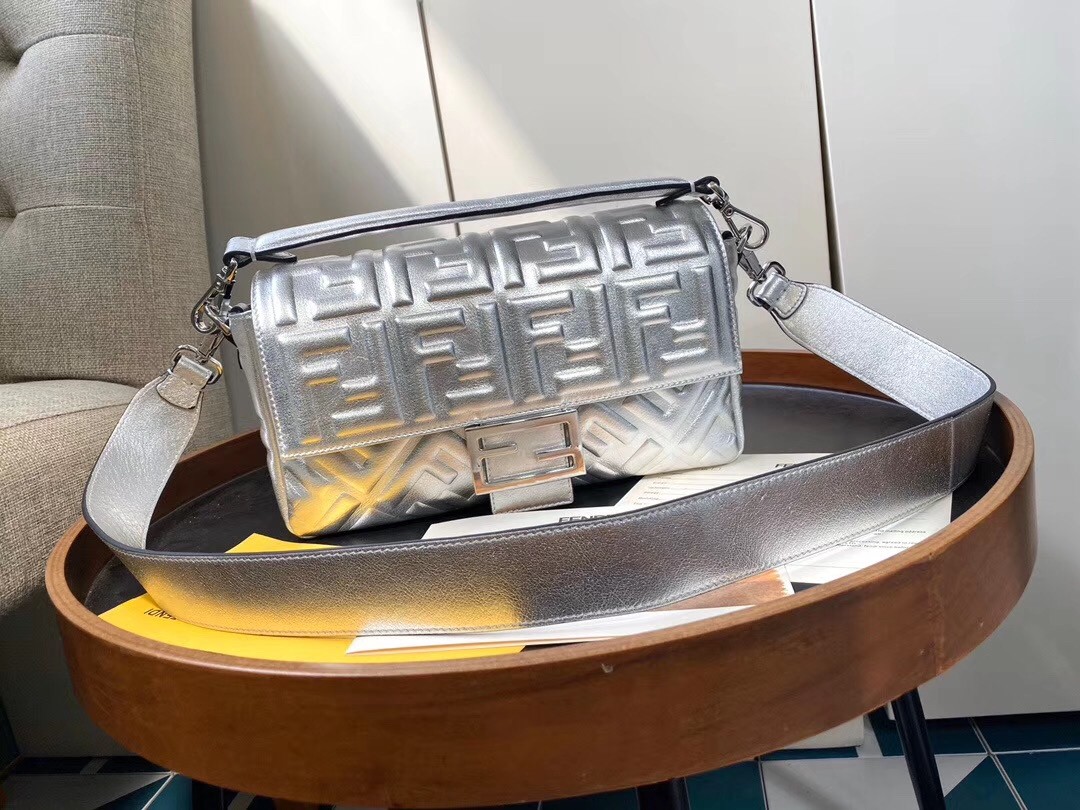 F**di baguette medium bag in silver lambskin with ff motif