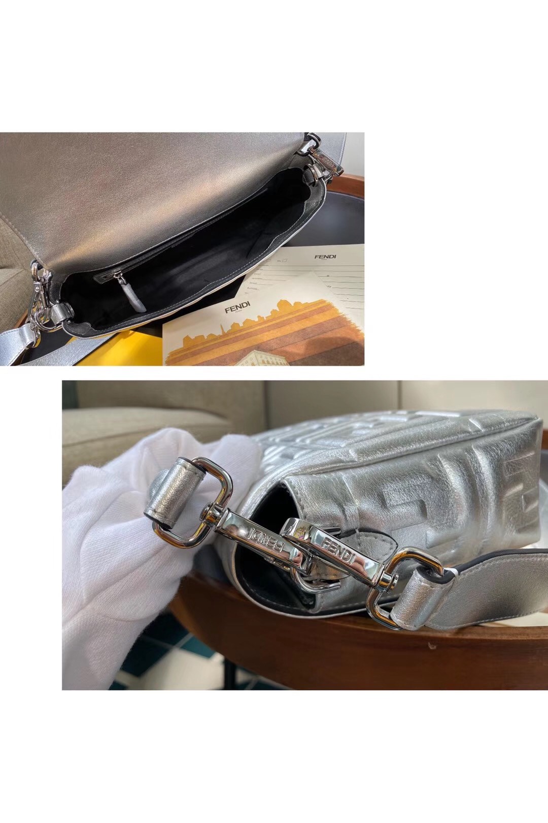 F**di baguette medium bag in silver lambskin with ff motif