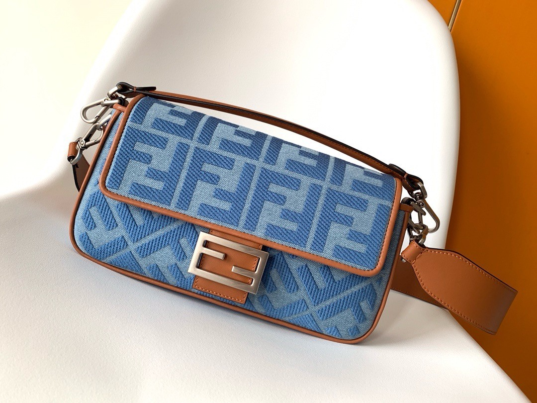 F**di baguette medium bag in denim with ff embroidery