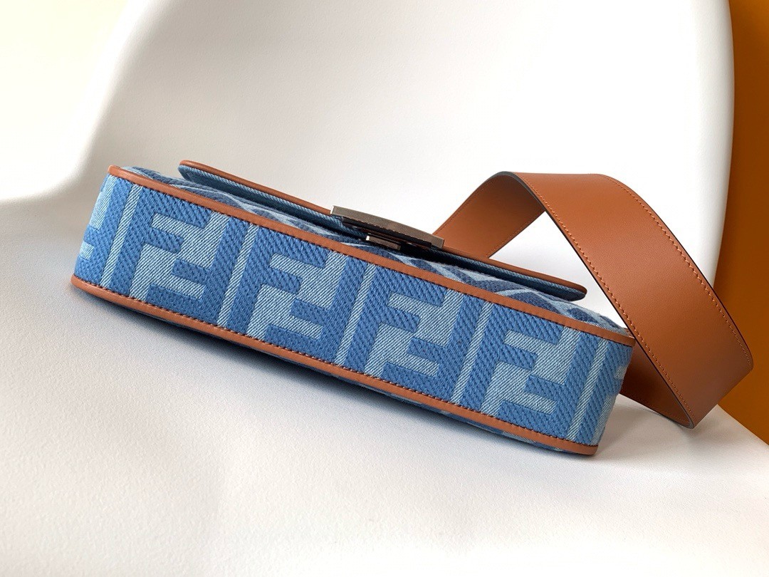 F**di baguette medium bag in denim with ff embroidery