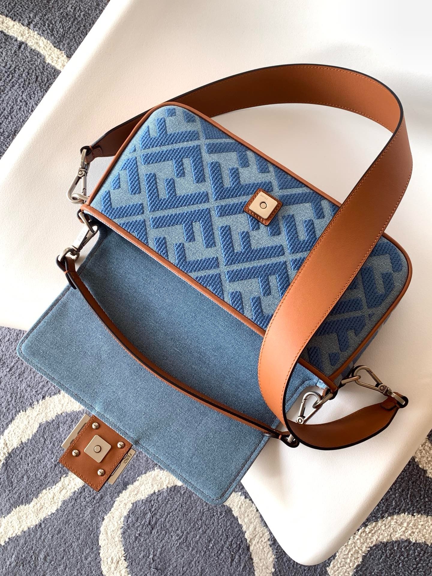 F**di baguette medium bag in denim with ff embroidery