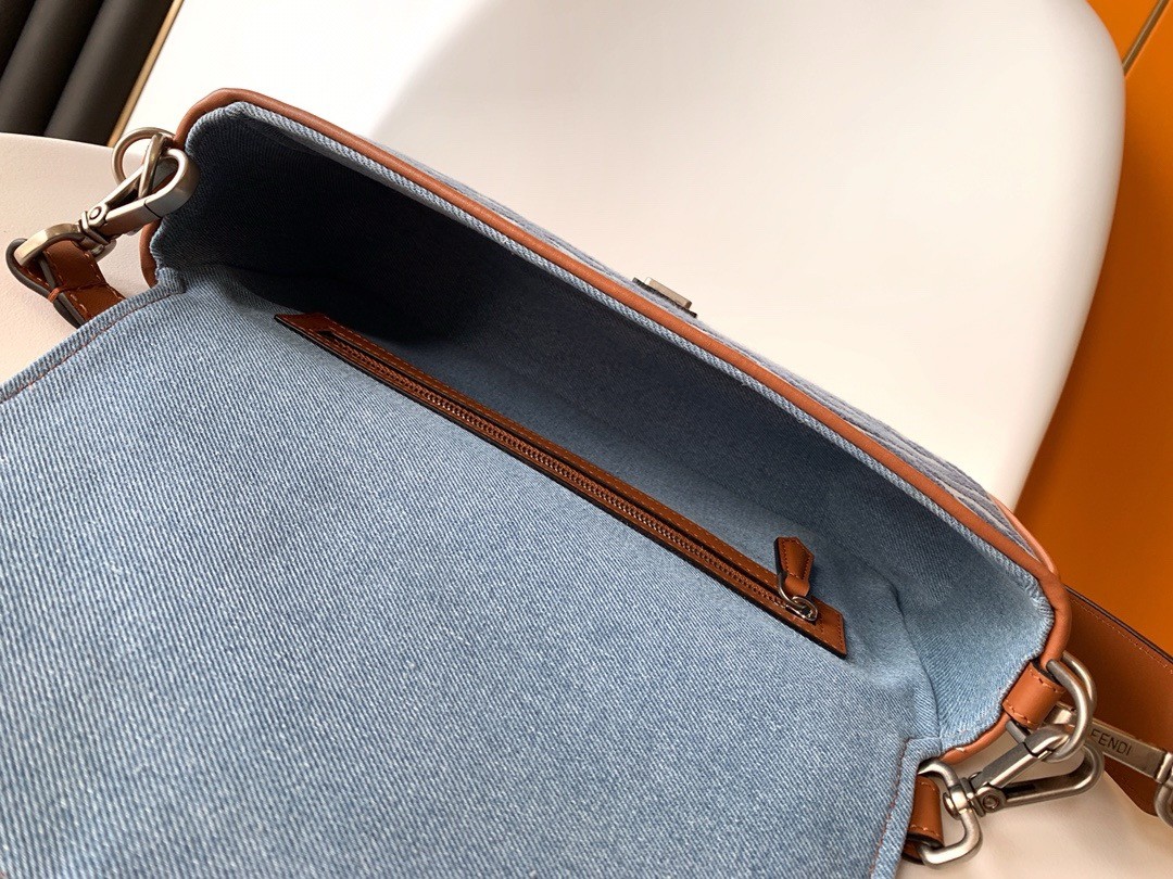 F**di baguette medium bag in denim with ff embroidery