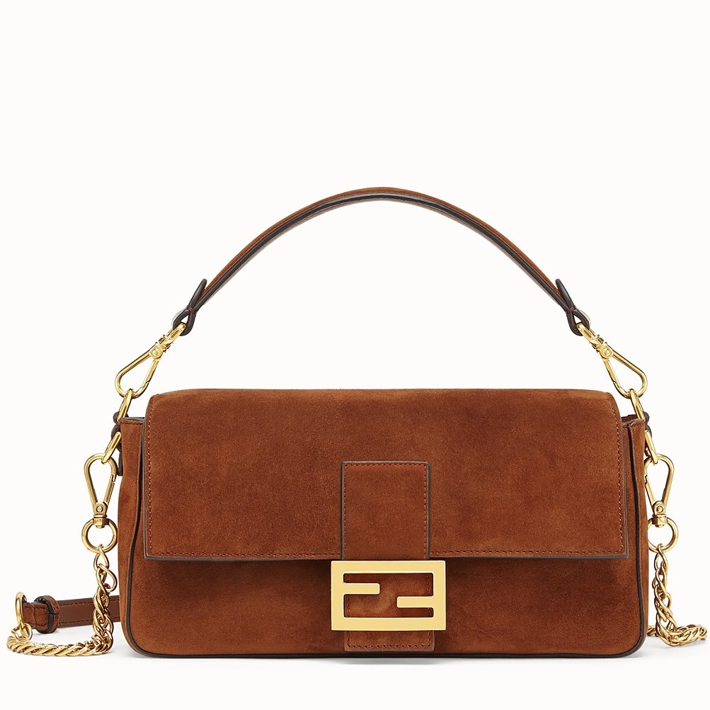 F**di medium baguette bag in brown suede leather